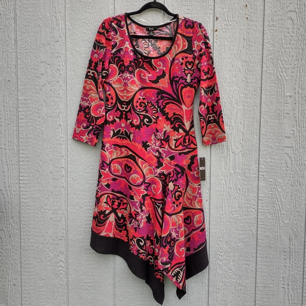 MSK Scoop Neck Asymmetric Paisley Midi Dress Medium - Picture 1 of 13